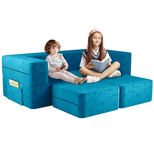 linor Kids Couch, Toddler Couch with Washable and Durable Covers, Modular Kids Sofa Couch, Foldable Loveseat & Two Ottoman, Fold Out Lounger (Navy)