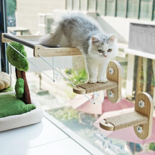 PETKARAY Cat Window Perch, Foldable Cat Hammock for Window, Stable Window Shelves for Indoor Cats, Set Includes 2 Pack of Window Stairs