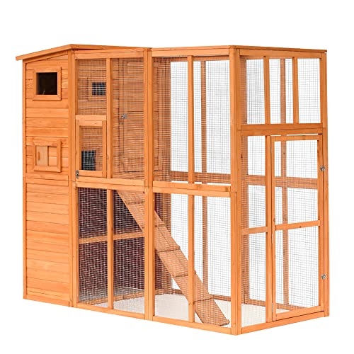 PawHut Large Cat House Outdoor Catio Wooden Feral Cat Shelter, Kitten Enclosure with Door, Cat Condo and Weather Protection Asphalt Roof, 77" L, Natural