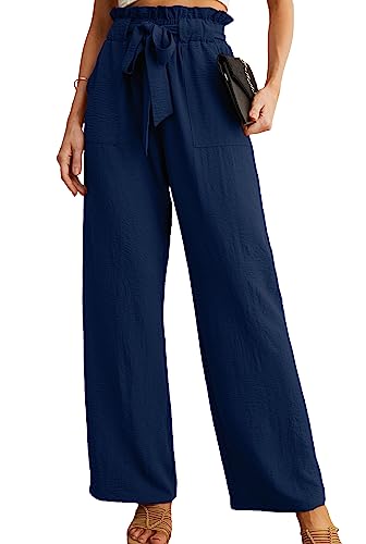 IWOLLENCE Women's Wide Leg Pants with Pockets High Waist Adjustable Knot Loose Casual Trousers Business Work Casual Pants Dark Blue Medium