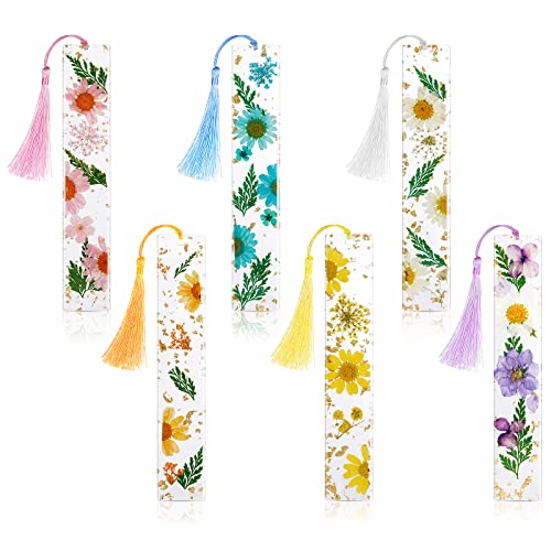 Leezmark 6 Pcs Resin Dried Flower Bookmarks, Transparent Dried Floral Bookmark Cute Pressed Flower Bookmark with Tassels, Gifts for Readers, Page Marker Book Markers for Women Girls Adults Kids