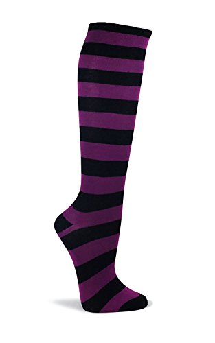 COUVER Women 1" Striped Fashion Costume Knee High Socks Stockings Cotton, Non-Slip, Stretch, Soft, Black/Purple, 1 Pair