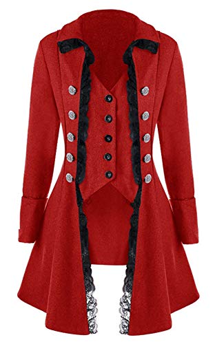 LETSQK Victorian Steampunk Gothic Corset Halloween Costume Coat Tailcoat Jacket Red L