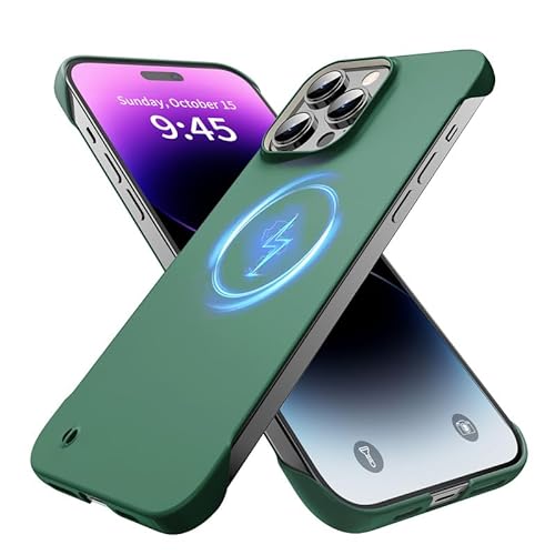 GRECAZO Magnetic Slim Case Fit for iPhone 15 Pro Max Phone Case 6.7"(2023) Ultra-Thin Lightweight Durable Frameless Matte Hard MagSafe Cover Case with Pull Ring Shockproof Non Slip Rope-Dark Green
