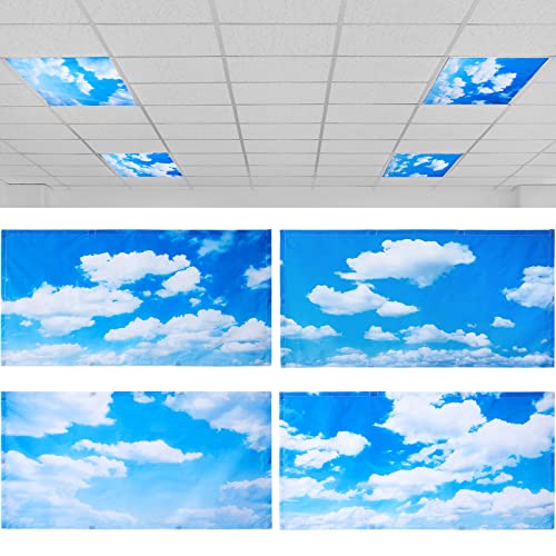 Hortsun 4 Pcs 4 x 2 Feet Fluorescent Light Covers for Ceiling Lights Classroom Office Magnetic Light Filters Light Diffusers for Reducing Harsh Glare Flicker Home Decorations (Blue Sky Cloud)