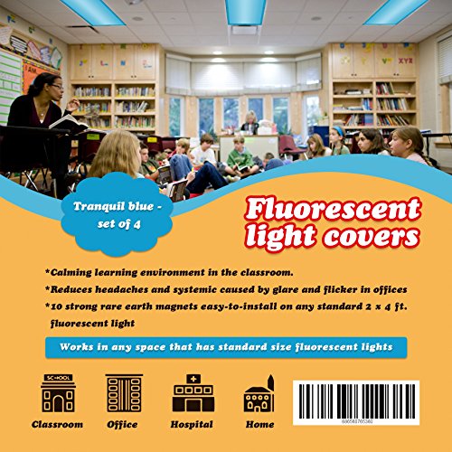 Fluorescent Light Cover 4' x 2' feet (4 Pack; Tranquil Blue). Flame-Retardant Fabric, 10 Strong Magnets, Flame Retardant Certification, Reducing Glare Harsh Flicker, Used in Classroom, Home, Office