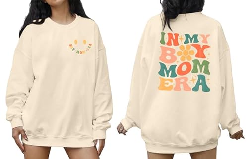 EGELEXY In My Boy Mom Era Sweatshirt Womens 2 Side Mama Sweatshirt Mom Life Crewneck Sweatshirt Casual Long Sleeve Pullovers Apricot