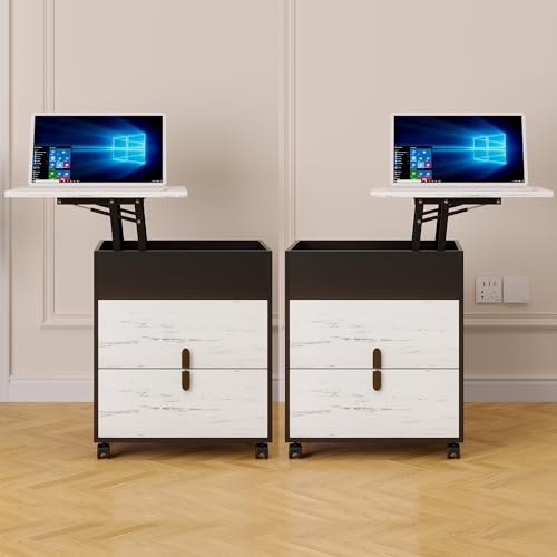 HNEBC Nightstand with Charging Station, Lift Top Table with 2 Outlets and 2 USB Ports, Bedside Table with 2 Drawers, End Table Night Stand with Hidden Storage, Side Table for Bedroom (White 1PCS)