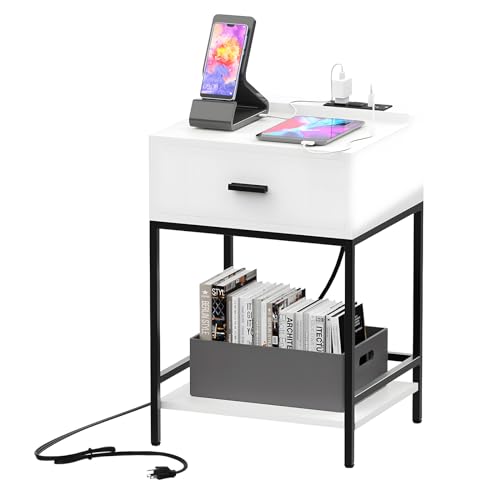 White Nightstand with Charging Station and USB Ports, 3-Tier End Table with Wood Drawer Storage Shelf, Side Table for Small Spaces Tall Night Stand/Bedside Table for Living Room, Bedroom, Sofa Decor