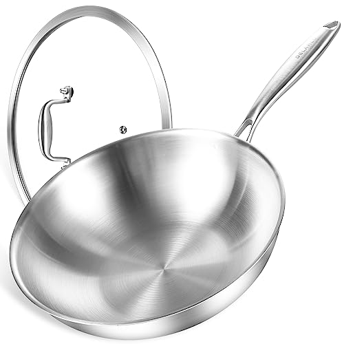 DELARLO Whole body Tri-Ply Stainless Steel 12.5 inch wok Pan With steel cover, Oven safe induction Stir-Fry Pans skillet,Suitable for All Stove