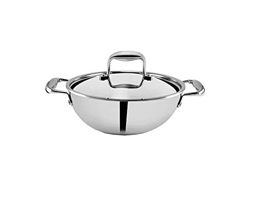Shapes Stainless Steel Cookware Tri-Ply Wok with Lid, Multipurpose Pan, Capacity - 2.6 Quart, Silver - Use for Home, Kitchen and Restaurant - Easy to Clean and Dishwasher Safe