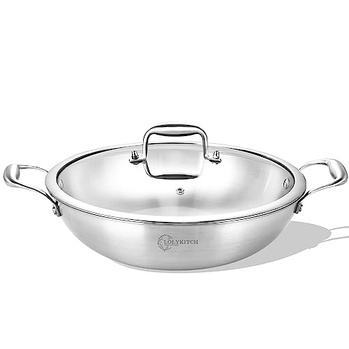 LOLYKITCH 12 Inch Tri-Ply Stainless Steel Wok Pan with Lid,Deep Frying Pan,Saute Pan,Jumbo Cooker,Induction Wok(5 QT),Suit for All Stoves,Dishwasher and Oven Safe.(12-3/4-Inch)