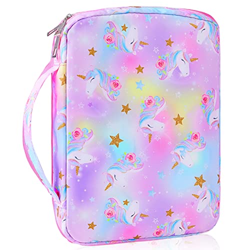 Bible Covers for Girls Kids Bible Case Cover Large Unicorn Bible Holder Bags with Storage Pockets Pen Slots, Colorful Pink Yellow