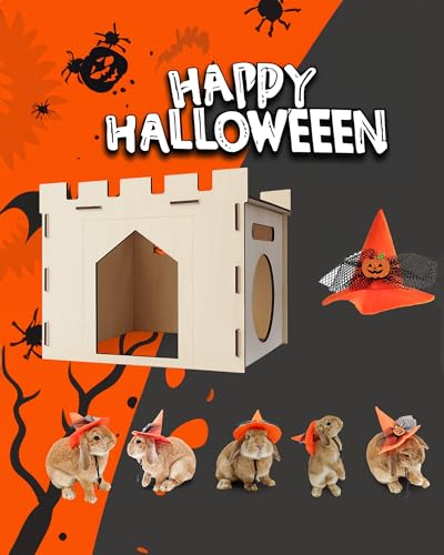 HIIMALEX Rabbit Castle with Spacious Perch Hidey Playhouse for Bunny Detachable Hideout Tower Perfect Hiding Spot Home for Indoor Bunnies Guinea Pig Hamster Chinchilla Enclosure Bunny Pumpkin Hat