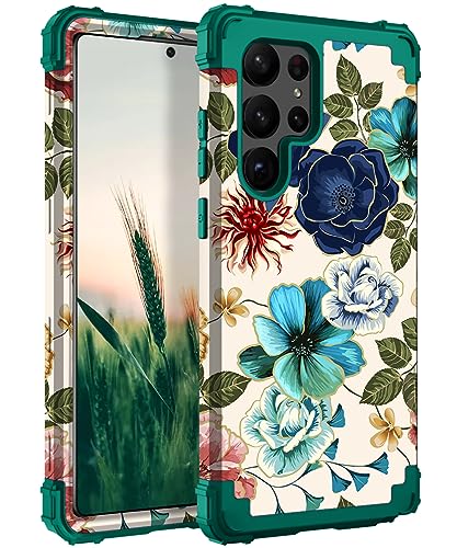 Hocase for Galaxy S23 Ultra Case, Shockproof Heavy Duty Hard Plastic+Soft Silicone Rubber Bumper Hybrid Dual-Layer Protective Case for Samsung Galaxy S23 Ultra 6.8" 2023 - Teal Flowers