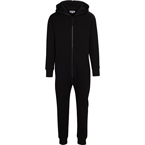 Woodies Black Onesie for Adults, Lounge Style Non-Footed Onesie Pajamas with Hoodie for Women and Men, Unisex Half Zipper PJs (X-Large)