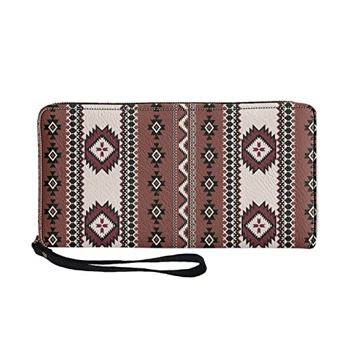Wanyint Aztec Southwest Navajo Print Women Wallet with Wrist Strap Brown Native American Zipper Around Purse for Outdoor Travel Shopping