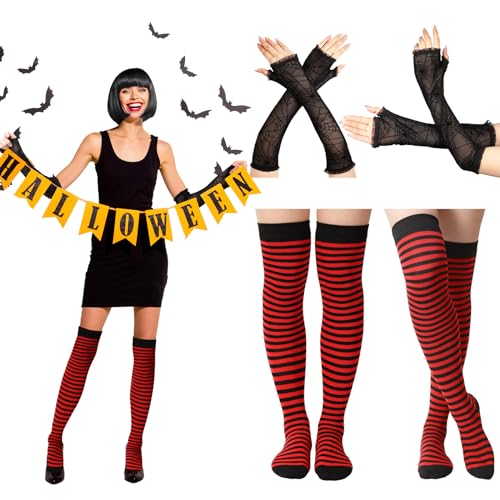 Halloween Costume Cosplay Women's Halloween Striped Tight Socks and Long Gloves Halloween Fingerless Lace Arm Warmer (Thigh High Socks) Black, Red