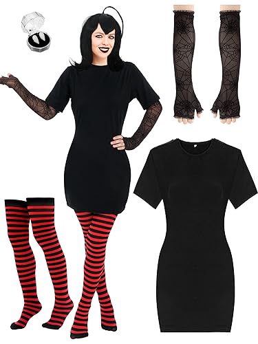 Suhine 4 Pcs Halloween Vampire Costume for Women with Black and Red Striped Tights Black Dress Vampire Fangs Glove (Large)