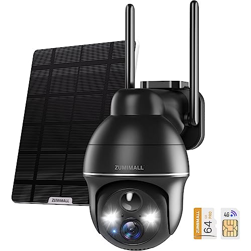 ZUMIMALL 4G LTE Cellular Security Camera, 64GB SD Card/SIM Included, 2K Solar No WiFi Security Cameras Wireless Outdoor with 360PTZ,Color Night Vision,2-Way Talk,Motion Alert (Verizon/AT&T/T-Mobile)