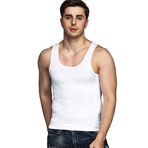 Odoland Men's Body Shaper Slimming Shirt Tummy Vest Thermal Compression Base Layer Slim Muscle Tank Top Shapewear, White, XL