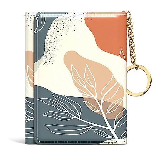 Rouidr Womens Wallet, Small Slim RFID Card Wallets for Women, Trifold Leather Card Wallet Organizer, Cute Front Pocket Wallets with 7 Card Slots & ID Window(Abstract Boho Leaves)