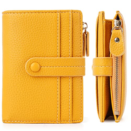HKCLUF Small Wallet for Women,RFID Blocking Bifold Wallets Zipper Leather Coin Purse Credit Card Holder Wallets With ID Window(Yellow)