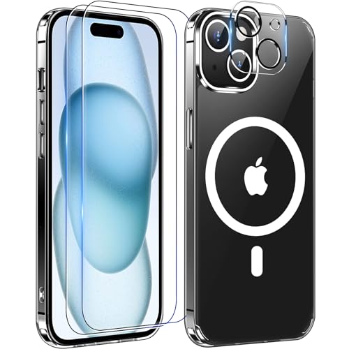 MOZOTER Magnetic for iPhone 15 Case Clear,[Compatible with Magsafe][Anti Yellowing][2*Glass Screen Protector+2*Camera Lens Protector] Slim Thin Shockproof Case for iPhone 15,6.1 inch-Clear
