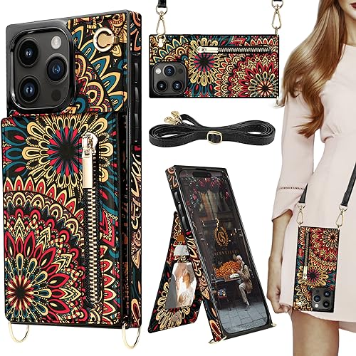 HOGGU Compatible with iPhone 15 Pro Max Case with Card Holder [RFID Blocking], Zipper Purse, Crossbody Strap, Magnetic Closure Flip Floral Leather Square Corners Protective Cover Case, Mandala