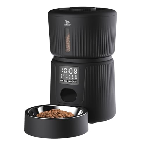 Petory Automatic Cat Feeder - 6 Meals Automatic Cat Food Dispenser with Slow Feeding for Cats and Small Dogs, Dual Power Supply Including Desiccant Bag