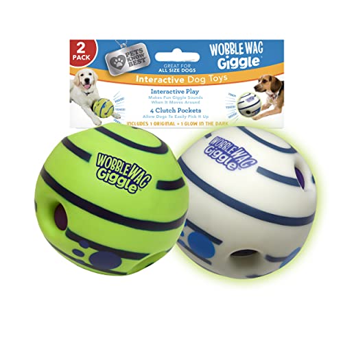 Wobble Wag Giggle Ball 2 Pack- Interactive Dog Toy, Fun Giggle Sounds When Rolled or Shaken, Pets Know Best- 1 Original & 1 Glow in The Dark Ball