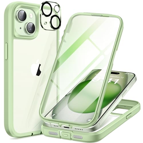 TIESZEN Compatible with iPhone 15 Case, Upgraded Dustproof Design, Built-in 9H Tempered Glass Screen Protector + 2X Camera Lens Protector, Full Body Military Grade Rugged Phone Cover 6.1", Green