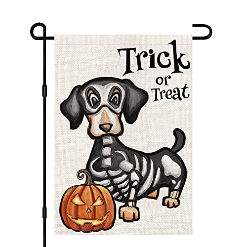 Halloween Trick or Treat Garden Flag Ghost Dog 12x18 Inch Small Double Sided Burlap Welcome Yard Dachshund Skeleton Outside Decorations DF342