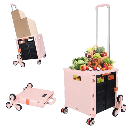 Folding Utility Cart Portable Rolling Crate Handcart with Stair Climbing Wheels&360Swivel Wheels Telescoping Handle Heavy Duty Plastic Box Dolly for Travel Shop Move Office Teacher Use(Pink Climber)