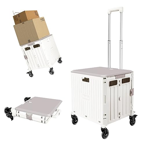 Honshine Collapsible Rolling Crate with Spinning Open Lid, Large Utility Cart with Noiseless Brake Wheels & Telescoping Handle, Trolley for Teacher Grocery File Travel Art Supplies (Milky White)