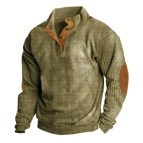 AITEQY Mens Corduroy Shirt Lapel Collar Button Up Pullover Mock Neck Long Sleeve Sweaters Polo Sweatshirts with Elbow Patches A-Khaki