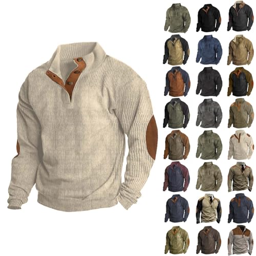 MEKOUIYE Mens Long Sleeve Waffle Shirt Corduroy Lapel Collar Button Up Pullover Polo Sweatshirts Y2K Western Vintage Henley Shirts Half Zip Pullover Hoodies With Elbow Patches