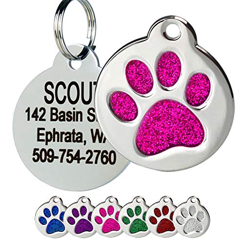 GoTags Paw Print Round Stainless Steel Pet Tag for Dogs and Cats, Personalized with 4 Lines of Custom Engraved ID Name and Number, in Stainless Steel and 15 Colors Small and Large, Glitter Pink