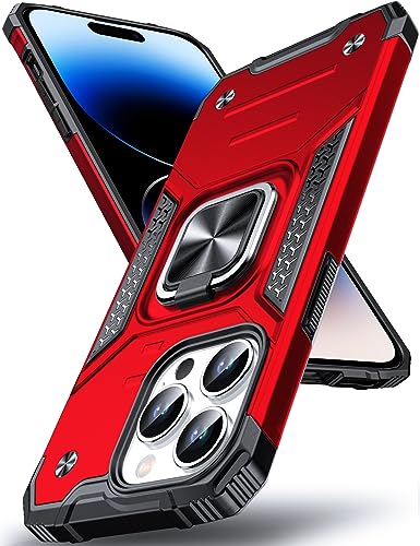 DASFOND Designed for iPhone 15 Pro Case, Military Grade Shockproof Protective Phone Case Cover with Enhanced Metal Ring Kickstand [Support Magnet Mount] for iPhone 15 Pro 6.1 inch, Red