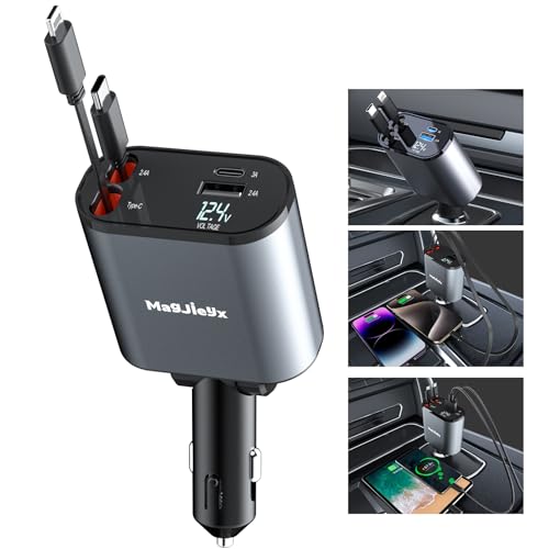 4 in 1Retractable Car Charger, USB C Fast Charging Adapter[Max100W] with Lightning Cable&Dual Charge Port Compatible with iPhone 15/14/13 Pro Max Plus/iPad/AirPods,Samsung Galaxy S23/S22/S10,Google