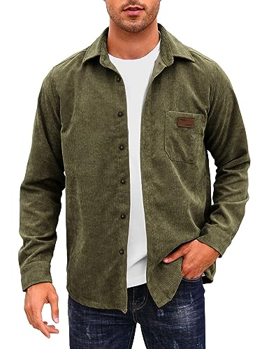 Comdecevis Men's Corduroy Button Down Shirt Casual Shirt Long Sleeve Shacket Tops Jacket with Single Pocket Green Medium