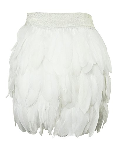 ZAKIA Women Real Natural Feather Skirt Fashion Mid Waist Short Mini A-line Feathered Skirts (White, M)