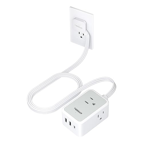 Small Flat Plug Power Strip, TESSAN Ultra Thin Extension Cord with 3 USB Wall Charger (1 USB C), 3 Outlets Mini Charging Station, 5 ft Slim Plug for Cruise Travel Office School Dorm Room Essentials