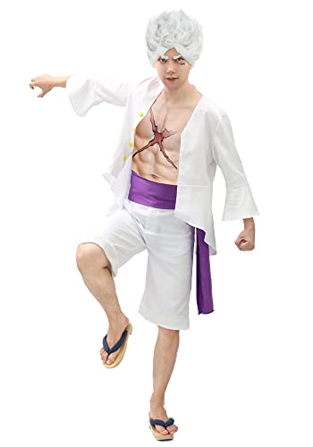 DAZCOS Luffy Cosplay Costume Luffy Gear 5 Nika Man Wano 5th Gear Outfit White Shirt Pants and Purple Sash (Medium, White)