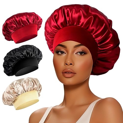 3Pcs Bonnets Silk Bonnet for Sleeping Hair Wrap for Women Satin Sleep Cap Daffecs (Black, Wine Red, Champagne Gold)