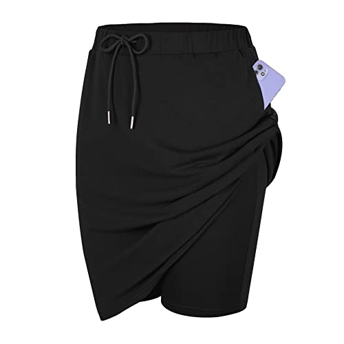 Tennis Skirt for Women with Pockets Athletic Skort Stretchy Knee Length Golf High Waist Skirt Drawstring Shorts Black XX-Large