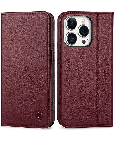 SHIELDON Case for iPhone 15 Pro 5G 2023, Genuine Leather iPhone 15 Pro Wallet Case with Kickstand, RFID Blocking Card Slots, Magnetic Shockproof Case Compatible with iPhone 15 Pro 6.1" - Wine Red