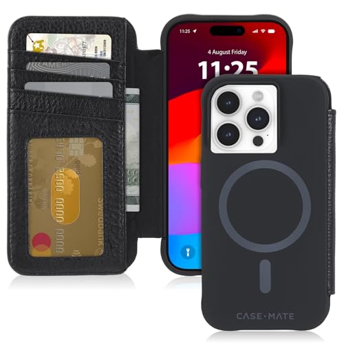 Case-Mate Wallet Folio iPhone 15 Pro Case - Black [12FT Drop Protection] [Compatible with MagSafe] Magnetic Flip Folio Cover Made with Genuine Pebbled Leather, Landscape Stand, Cash, and Card Holder