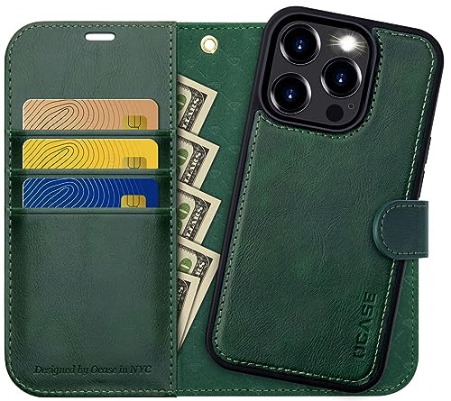 OCASE for iPhone 15 Pro Detachable Wallet Case with Card Holder, [2 in 1] PU Leather Flip Folio Case with RFID Blocking Magnetic Stand Removable Shockproof Phone Cover 6.1 Inch, Blackish Green