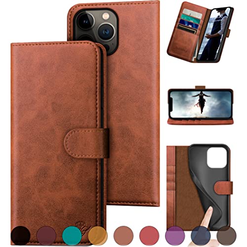 DuckSky for iPhone 15 Pro 6.1" Genuine Leather Wallet case RFID Blocking4 Credit Card HolderReal Leather Flip Folio Book Phone case Protective Cover Women Men for Apple 15 Pro case Light Brown